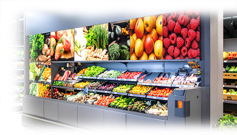 timesave Gemüseauslage im Supermarkt mit LED Videowall